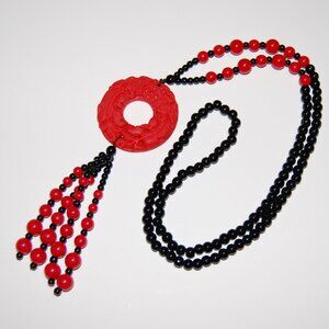 Red and Black Necklace,Glass Beaded Necklace,Party Necklace,Sweater Necklace
